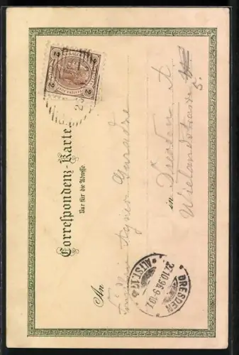 Lithographie Gruss aus den Bergen, Dicke Frau fängt dürren Stürzenden in ihrer Schürze auf