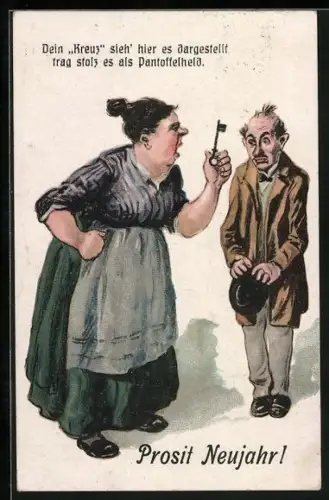 AK garstige Ehefrau zeigt ihrem traurigen Mann den Hausschlüssel, Neujahr