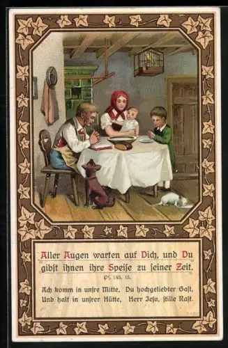 AK Familie betet am Küchentisch, Sinnspruch