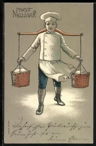 AK Bäckerjunge trägt zwei Körbe, Prosit Neujahr