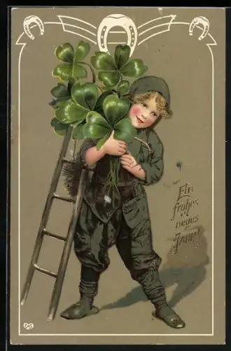 AK Viel Glück im neuen Jahre, Kleiner Schornsteinfeger mit Klee