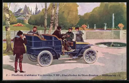 Künstler-AK Puteaux, Phaeton, siège pivotant, 9 chevaux monocylindre de Dion-Bouton, Reklame