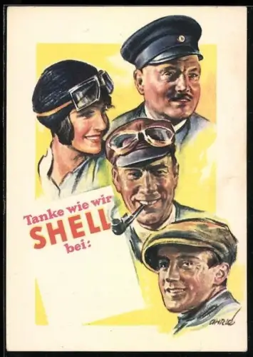 Künstler-AK Reklame für Shell Tankstellen, Portraits von Automobilisten