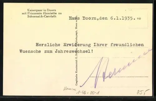 AK Kaiserpaar in Doorn mit Prinzessin Henriette zu Schoenaich-Carolath, Autograph v. Hermine
