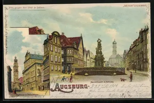 Lithographie Augsburg, Maximilianstrasse mit Herkules, Rathaus mit Perlachturm, Halt gegen das Licht