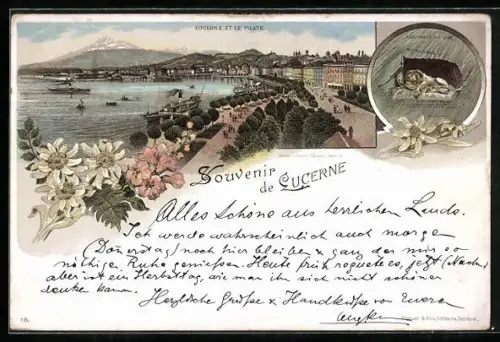 Vorläufer-Lithographie Lucerne, 1895, Panorama et le Pilate, Monument du Lion