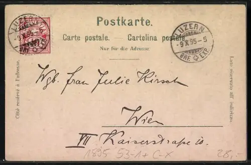 Vorläufer-Lithographie Lucerne, 1895, Panorama et le Pilate, Monument du Lion