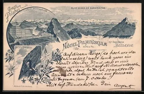 Vorläufer-Lithographie Pilatus, 1895, Hotel Pilatuskulm mit Dependance Bellevue, an der Eselwand