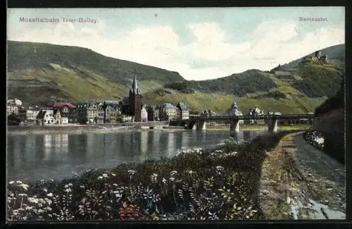 AK Trier-Bullay, Ortspanorama mit Brücke und Burg Berncastel, Moseltalbahn