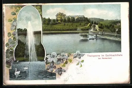 Lithographie Remscheid, Thalsperre im Eschbachthale und Fontäne