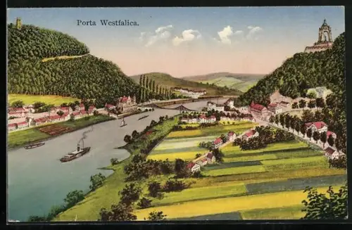 AK Porta Westfalica, Ortsansicht mit Denkmal aus der Vogelschau