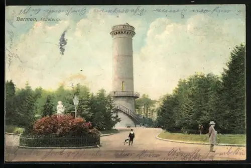 AK Barmen, Tölleturm mit Strasse und Statue