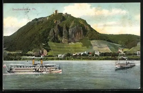 AK Drachenfels a. Rh., Ortsansicht mit Dampfern