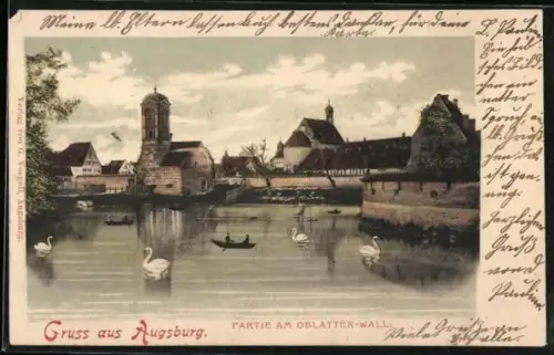 AK Augsburg, Oblatter-Wall vom Wasser aus