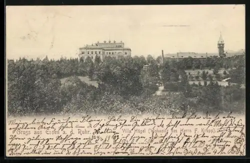 AK Essen a. d. Ruhr, Villa Hügel mit Umgebung aus der Vogelschau