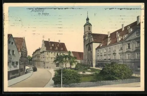 AK Augsburg, St. Stefan mit Strasse u. Anlage