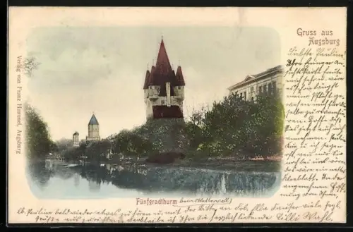AK Augsburg, Fünfgradthurm, vom Wasser gesehen
