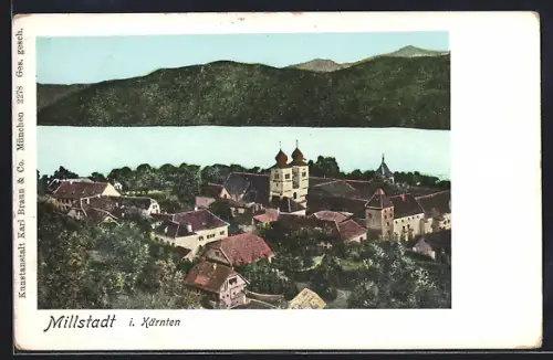 AK Millstatt i. Kärnten, Teilansicht mit Kloster, Bergpanorama