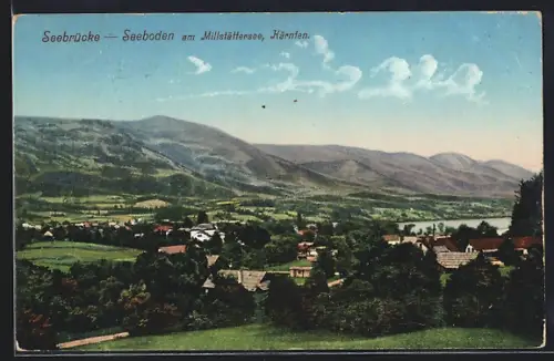 AK Seeboden am Millstättersee, Seebrücke, Teilansicht mit Bergen