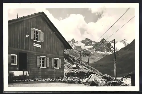 AK Gaschurn, Alpengasthaus Hausteiner am Vermunt-Stausee gegen Litznergruppe