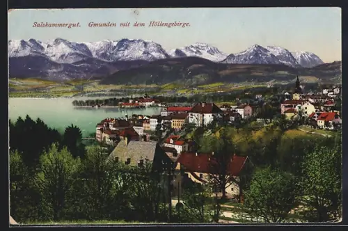 AK Gmunden, Salzkammergut, Teilansicht mit dem Höllengebirge
