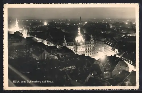 AK Graz, Blick vom Schlossberg bei Nacht
