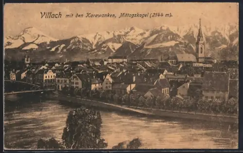 AK Villach, Teilansicht mit den Karawanken, Mittagskogel