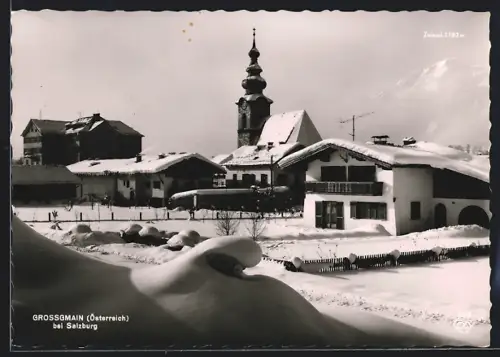 AK Grossgmain bei Salzburg, Kirche im Schnee mit Zwiesel