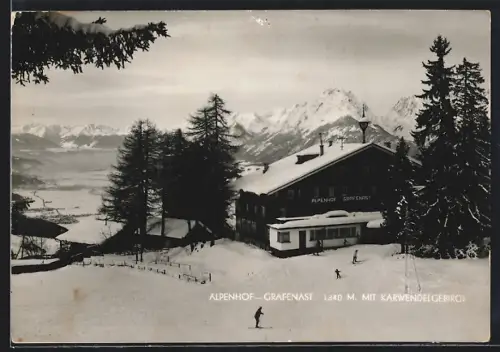 AK Schwaz, Alpengasthof Grafenast mit Karwendelgebirge im Schnee
