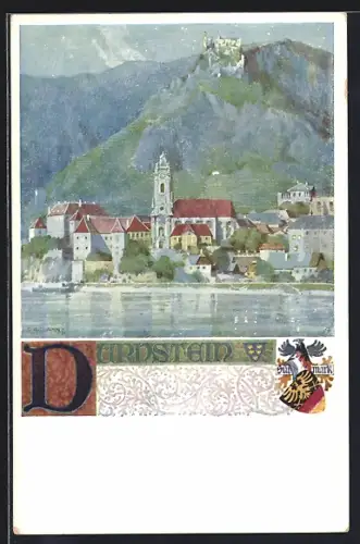 Künstler-AK R. Assmann: Dürnstein mit See, Ortsansicht mit Wappen