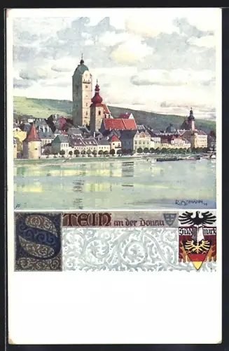 Künstler-AK Stein /Donau, Stadt am Wasser