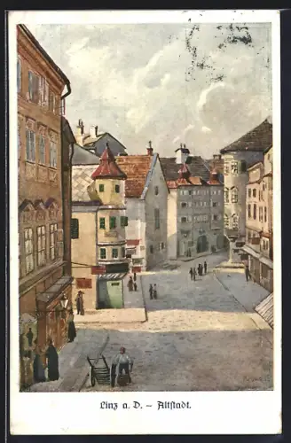 Künstler-AK Linz a. d. Donau, Strassenpartie in der Altstadt
