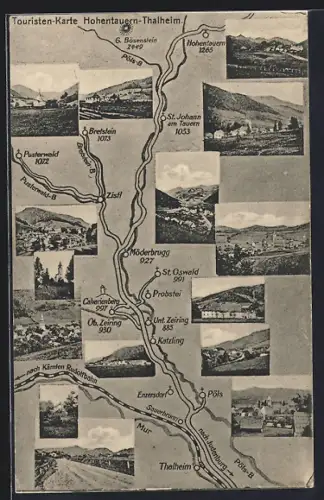 AK Hohentauern, geographische Karte der Gegend zwischen Hohentauern und Thalheim mit Ansichten der Orte der Umgebung