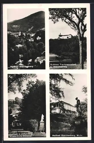 AK Gleichenberg, Ortspartien mit Wickenburg-Denkmal, Schloss Trautmannsdorf und Denkmal