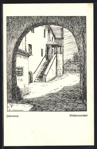 Künstler-AK Judenburg, Strassenpartie vom Möschbauernhof