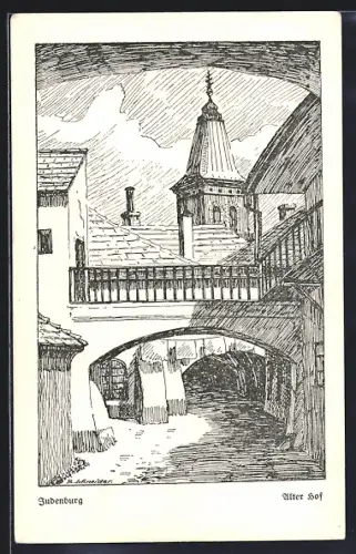 Künstler-AK Judenburg, Alter Hof mit Brückengang