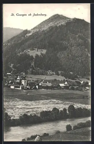 AK St. Georgen ob Judenburg, Ortsansicht mit Bach und Feldern