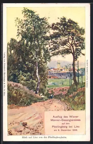 Künstler-AK Linz, Ortsansicht von der Pöstlingbergbahn, Ausflug d. Wiener Männergesangvereines 1908