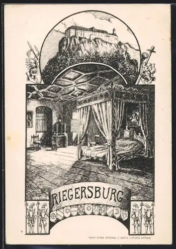 Künstler-AK Riegersburg, Gesamtansicht der Burg, Innenansicht Schlafzimmer