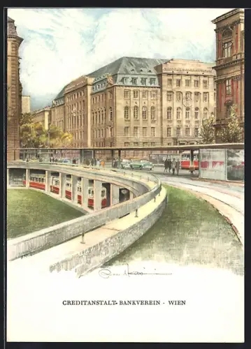 Künstler-AK Wien, Creditanstalt Bankverein am Schottenring, Strassenbahnen