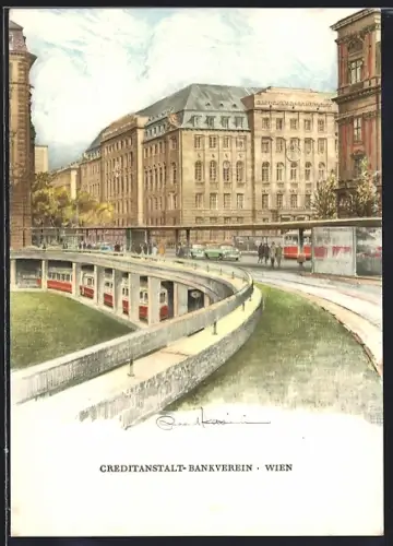 Künstler-AK Wien, Creditanstalt Bankverein am Schottenring, Strassenbahnen