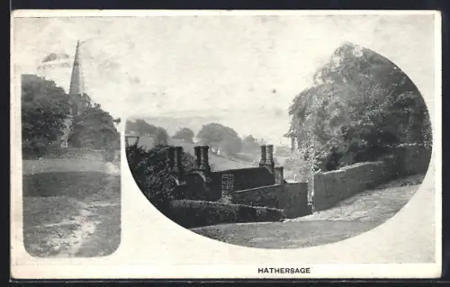 AK Hathersage, Turm und altes Gebäude mit Mauer