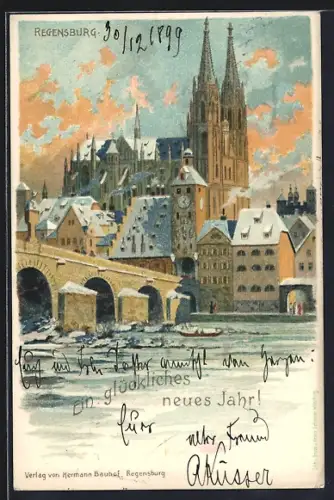 Lithographie Regensburg, Dom, Steinerne Brücke, Altstadt