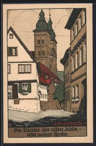 Steindruck-AK Amorbach, Türme der alten Abtei, jetzt protestantische Kirche