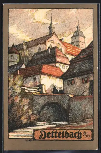 Steindruck-AK Dettelbach a. M., Stadtansicht mit Kirche und Brücke