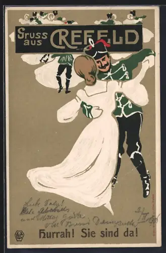 Lithographie Krefeld, Tanzendes Paar in Uniform, Illustration