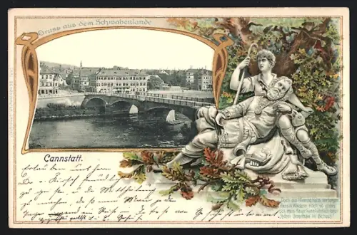 Passepartout-Lithographie Cannstatt, Brücke über den Neckar, Denkmal