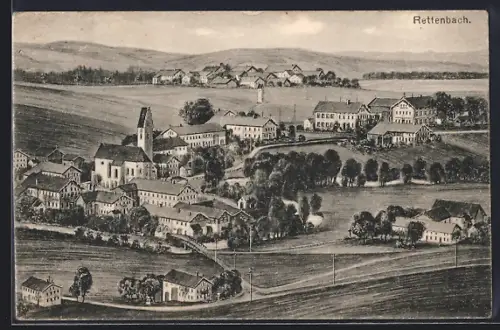 Künstler-AK Rettenbach / Markt, Ortsansicht mit Kirche