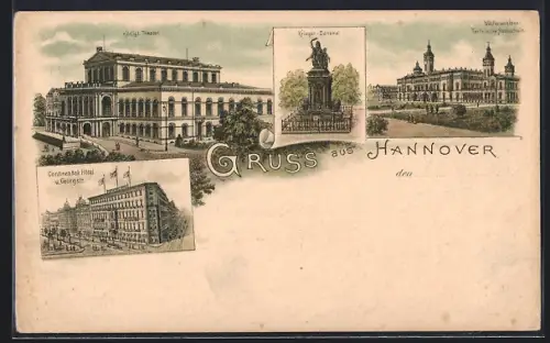 Lithographie Hannover, Continental-Hotel und Georgstrasse, Kgl. Theater, Waffenschloss Technische Hochschule
