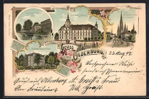 Lithographie Oldenburg / Gr., Schloss, Elisabeth-Anna-Palais, Lamberti-Kirche, Augusleum